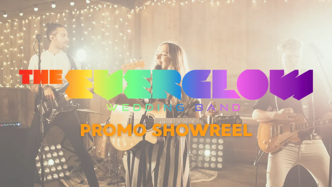 Three musicians performing with guitars and microphone under warm string lights, with colorful text overlay reading 'The Everglow Wedding Band Promo Showreel'.